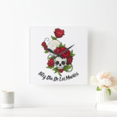 赤いバラとスカルハッピーデー・オブ・ザ・デッド スクエア壁時計 (ホーム)