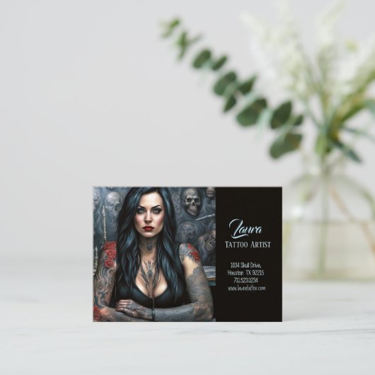 赤いバラとスカル女タトゥーアーティスト 名刺 (スタンド正面)
