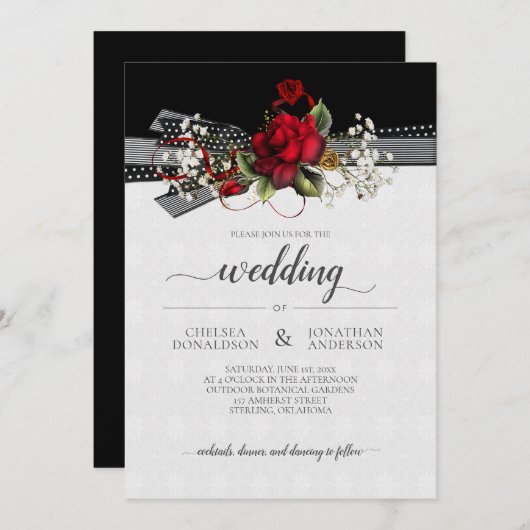 赤いバラとスタイリッシュな結婚式のデザイン 案内状 (正面/裏面)