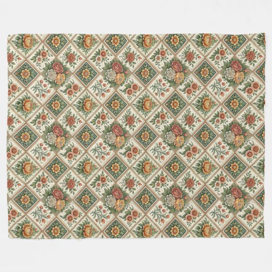 赤いバラとタイルが並ぶロマンチックで粗末なシックなスロー フリースブランケット (正面(横))