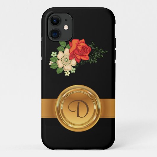 赤いバラとデイジーのゴールドモノグラム名 Case-Mate iPhoneケース (裏面)