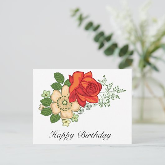 赤いバラとデイジーの誕生日の挨拶 ポストカード (スタンド正面)