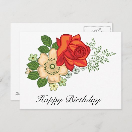 赤いバラとデイジーの誕生日の挨拶 ポストカード (正面/裏面)