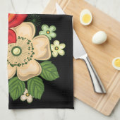 赤いバラとデイジー黒い背景 キッチンタオル (四つ折り)