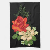 赤いバラとデイジー黒い背景 キッチンタオル (縦)