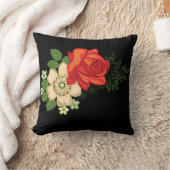 赤いバラとデイジー黒い背景 クッション (ブランケット)