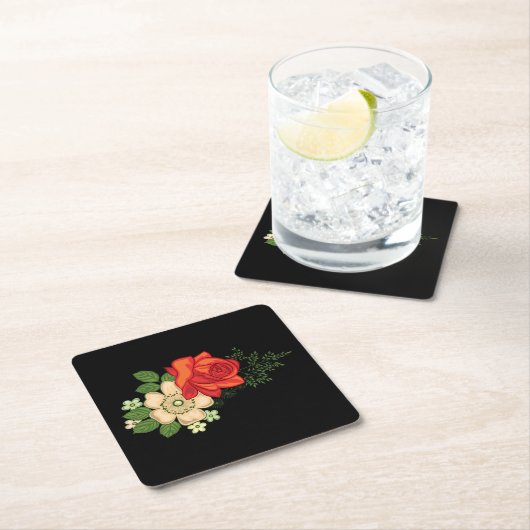 赤いバラとデイジー黒い背景 スクエアペーパーコースター (インサイチュ)