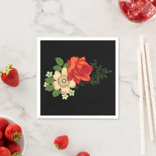 赤いバラとデイジー黒い背景 スタンダードカクテルナプキン (インサイチュ)