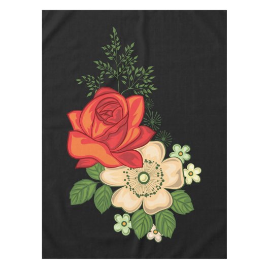 赤いバラとデイジー黒い背景 テーブルクロス (正面)
