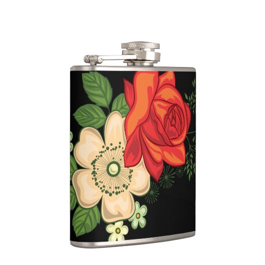 赤いバラとデイジー黒い背景 フラスク (右)