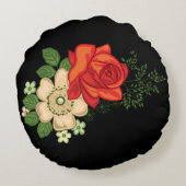 赤いバラとデイジー黒い背景 ラウンドクッション (裏面)