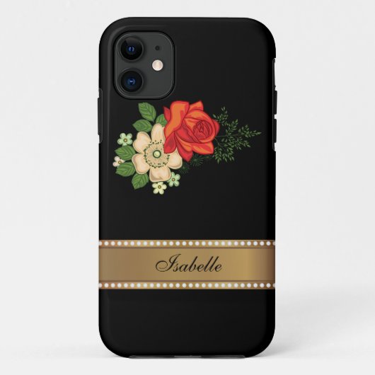 赤いバラとデイジー ゴールド パーソナライズ ネーム Case-Mate iPhoneケース (裏面)