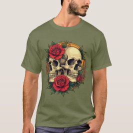赤いバラとドクロの顔 Tシャツ