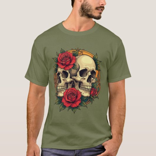 赤いバラとドクロの顔 Tシャツ (正面)