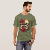赤いバラとドクロの顔 Tシャツ (正面フル)