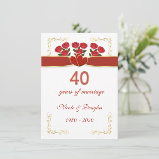赤いバラとハートの40周年結婚記念日 招待状 (スタンド正面)
