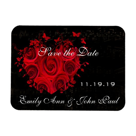 赤いバラとハートスワーズ結婚式の日付を保存 マグネット (横)