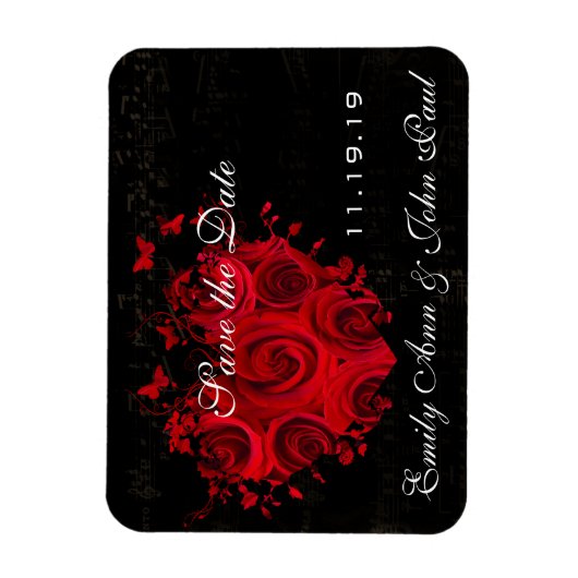 赤いバラとハートスワーズ結婚式の日付を保存 マグネット (縦)