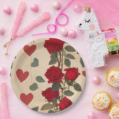 赤いバラとハートパターンロマンチック ペーパープレート (パーティー)