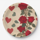 赤いバラとハートパターンロマンチック ペーパープレート (正面)