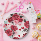 赤いバラとハートパターンロマンチック ペーパープレート (パーティー)