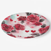 赤いバラとハートパターンロマンチック ペーパープレート (アングル)