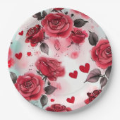 赤いバラとハートパターンロマンチック ペーパープレート (正面)