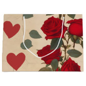 赤いバラとハートパターンロマンチック ラージペーパーバッグ (正面)