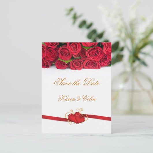 赤いバラとハート日付を保存 案内ポストカード (スタンド正面)