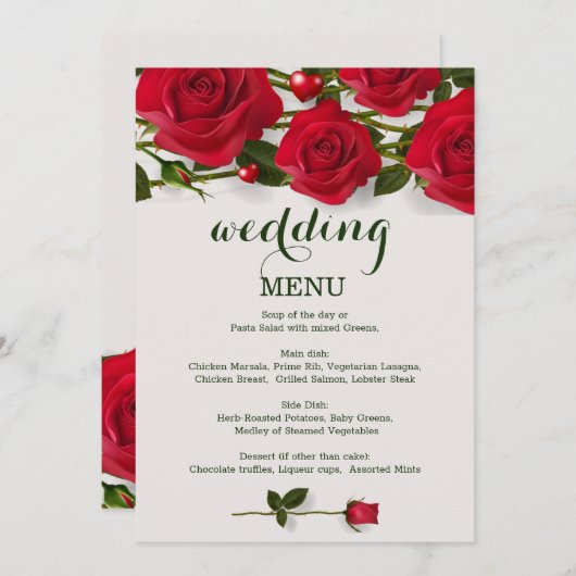 赤いバラとハート結婚のメニューカード メニュー (正面/裏面)