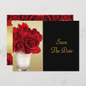 赤いバラとハート、ゴールドとブラックのウェディング 案内ポストカード (正面/裏面)