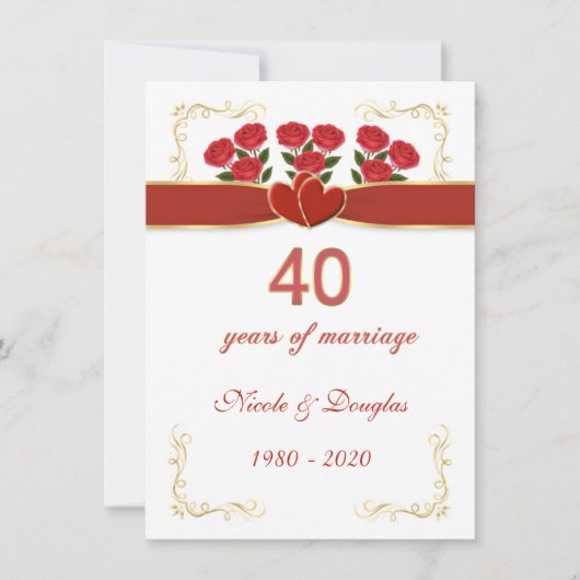 赤いバラとハート 40周年結婚記念日 招待状 (正面)