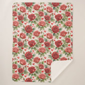 赤いバラとバレンタインハートパターンロマンチック シェルパブランケット (正面)