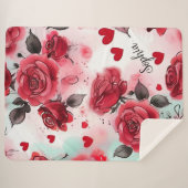 赤いバラとバレンタインハートパターンロマンチック シェルパブランケット (正面(横))