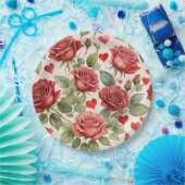 赤いバラとバレンタインハートパターンロマンチック ペーパープレート (パーティー)