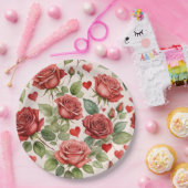 赤いバラとバレンタインハートパターンロマンチック ペーパープレート (パーティー)