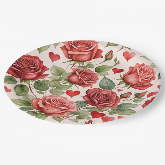 赤いバラとバレンタインハートパターンロマンチック ペーパープレート (アングル)
