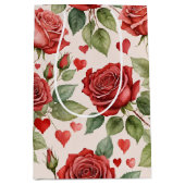 赤いバラとバレンタインハートパターンロマンチック ミディアムペーパーバッグ (正面)