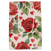 赤いバラとバレンタインハートパターンロマンチック ミディアムペーパーバッグ (裏面)