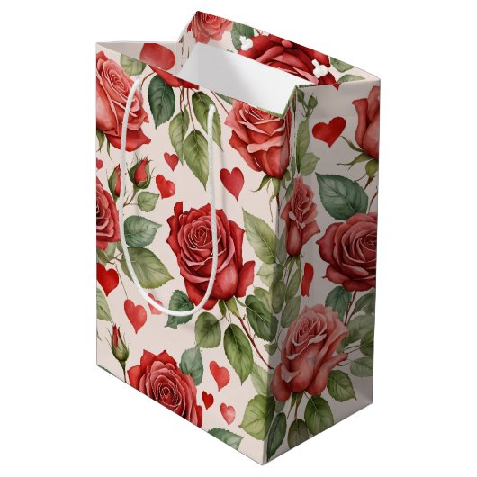 赤いバラとバレンタインハートパターンロマンチック ミディアムペーパーバッグ (裏面アングル)
