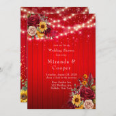 赤いバラとヒマワリとライトのウェディングシャワー 招待状 (正面/裏面)