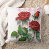 赤いバラとピンクと白のダイヤモンドパターン クッション (ブランケット)