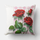 赤いバラとピンクと白のダイヤモンドパターン クッション (正面)