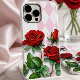 赤いバラとピンクと白のダイヤモンド柄 Case-Mate iPhone 14 PRO MAXケース
