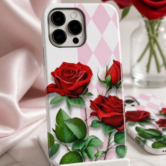 赤いバラとピンクと白のダイヤモンド柄 Case-Mate iPhoneケース