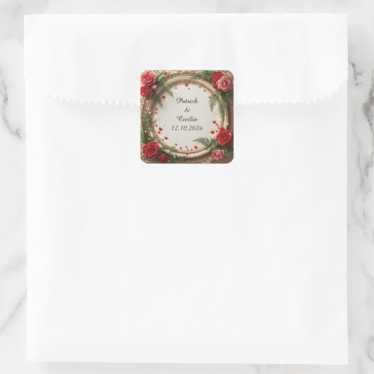 赤いバラとピンクのバラの花のフレーム スクエアシール (バッグ)