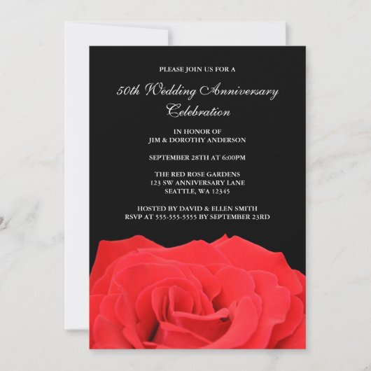 赤いバラとブラックの50周年結婚記念日 招待状 (正面)