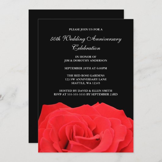 赤いバラとブラックの50周年結婚記念日 招待状 (正面/裏面)