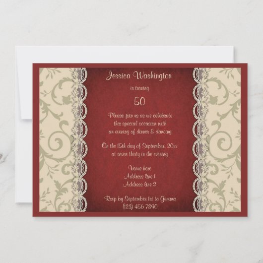 赤いバラとホワイトレース50歳の誕生日パーティー 招待状