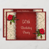赤いバラとホワイトレース50歳の誕生日パーティー 招待状